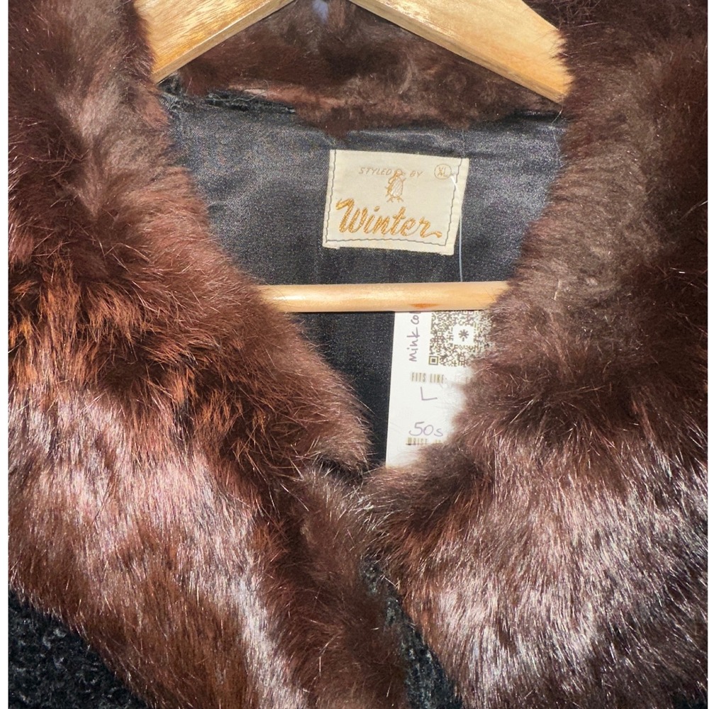 Vintage 50s Winter Persian Lambswool Coat Mink Fur Collar Black Swing Jacket L - Picture 2 of 5